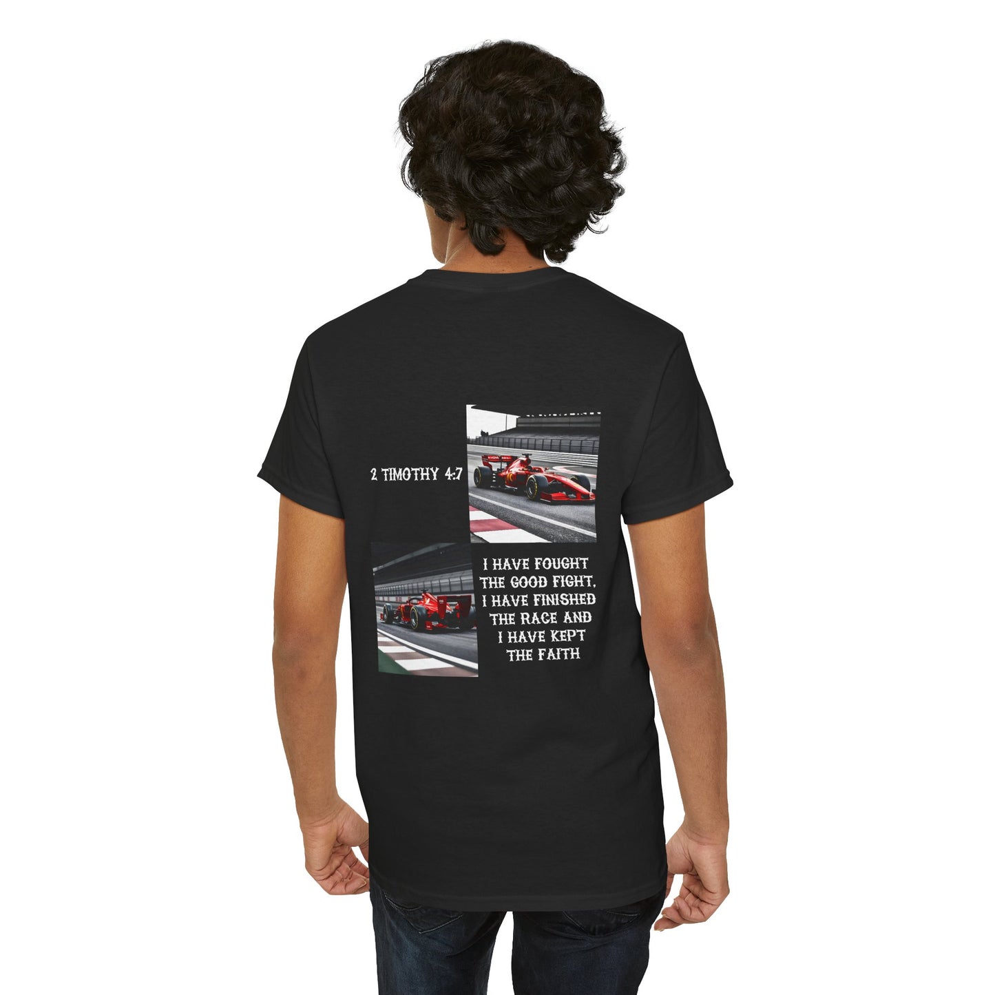 Racing Faith T‑Shirt — 'I Have Fought the Good Fight' Scripture Tee