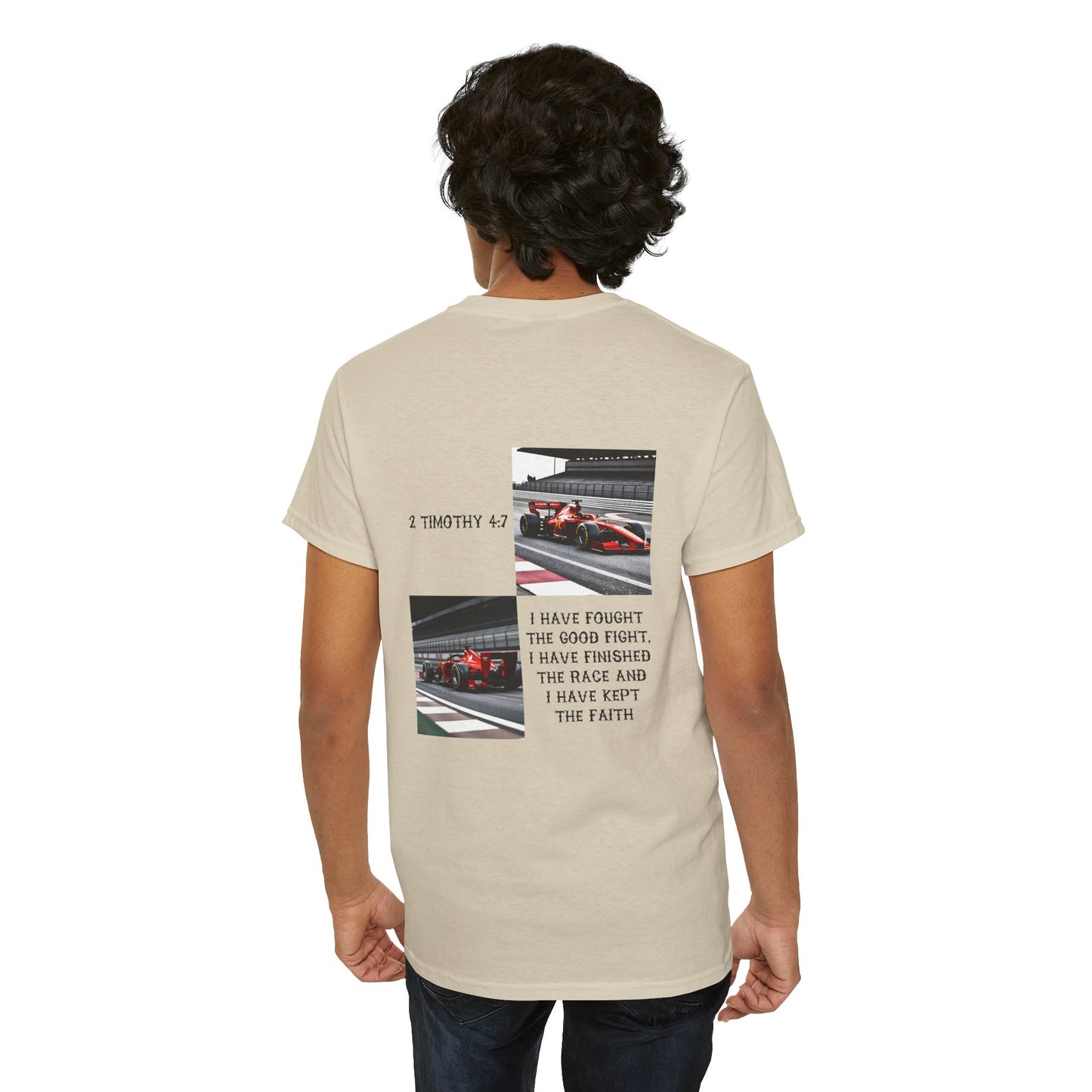 Racing Faith T‑Shirt — 'I Have Fought the Good Fight' Scripture Tee