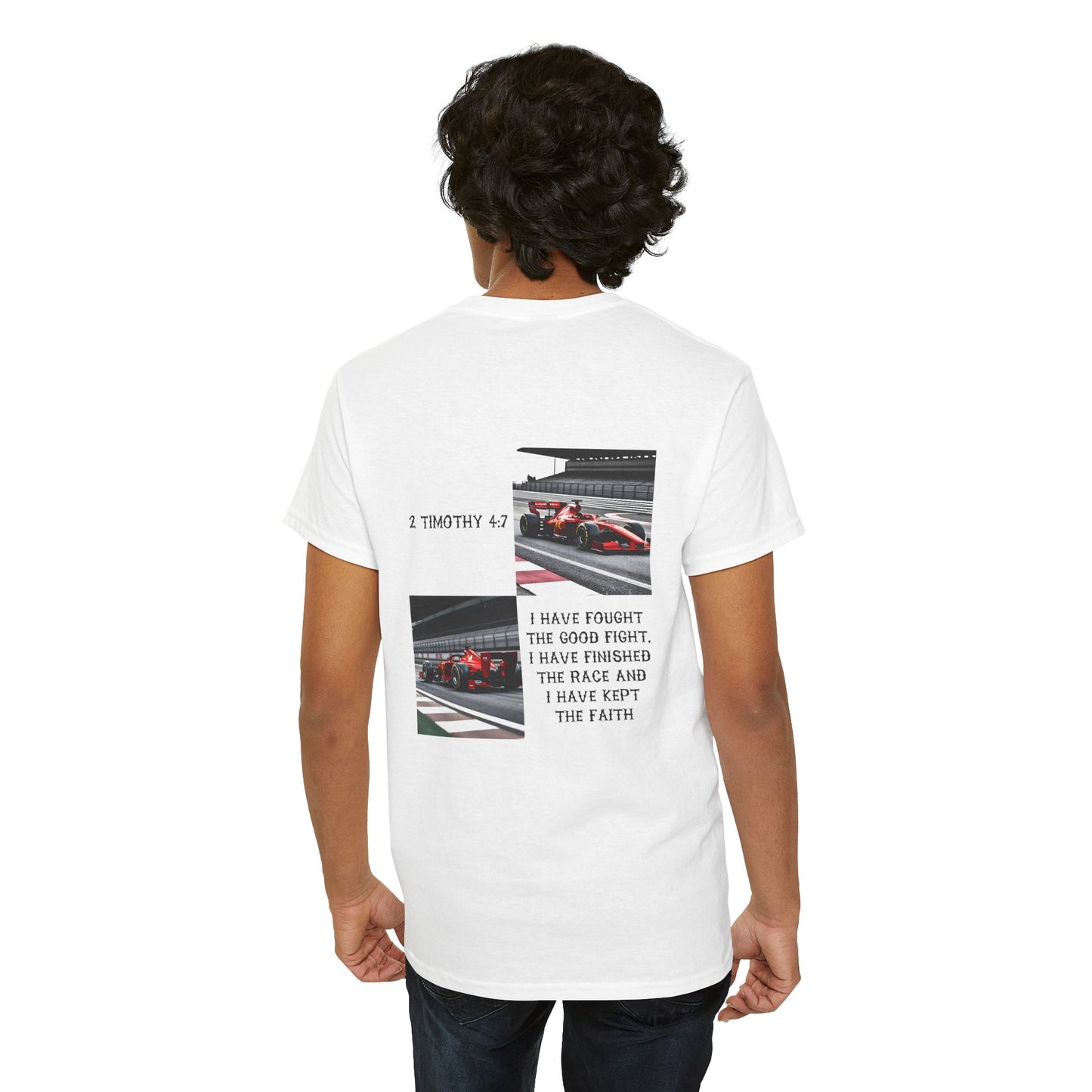 Racing Faith T‑Shirt — 'I Have Fought the Good Fight' Scripture Tee